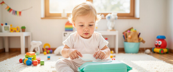 Curious baby pulling wipes in sunny nursery, playful exploration