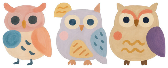Obraz premium PNG Colorful whimsical owl illustration, element set on transparent background