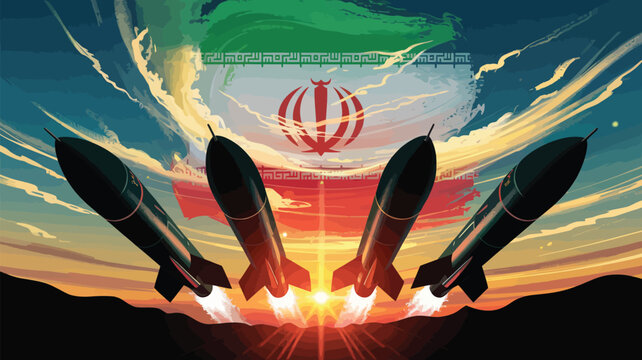 iranian missile launch illustration with national flag background at sunset, symbolizing geopolitical tension and military power