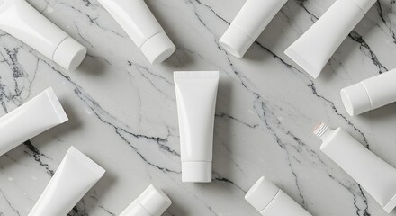 Flat lay with marble textures and clean, white makeup tubes