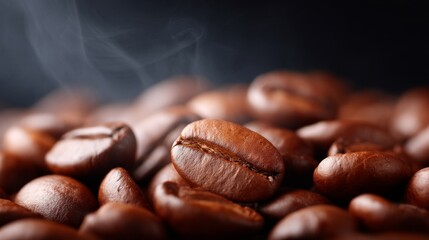 Rich roasted coffee beans create a warm and inviting atmosphere. This close-up image highlights the textures and colors of fresh beans. Perfect for coffee lovers and culinary design. AI