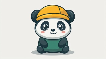 Cute cartoon panda worker sits
