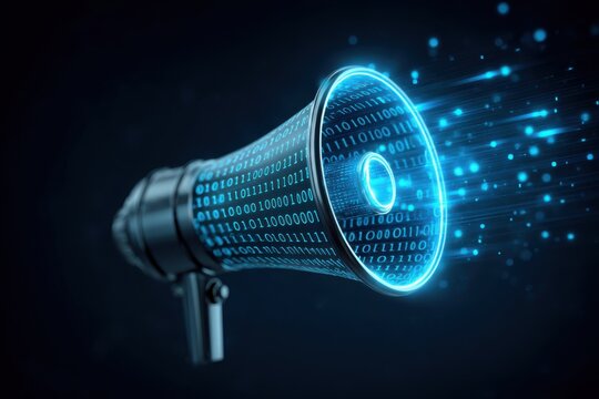 Misinformation in social media algorithms concept. A digital megaphone emits glowing binary code, symbolizing amplified data communication or digital information broadcast.