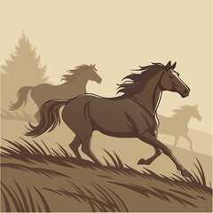 Galloping wild horses, isolated black and white silhouettes, race across fields, beaches, and deserts, powerful symbols of nature's untamed spirit