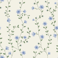 Seamless pattern with flowers. A branch with flowers and leaves. Surface design for gift paper, wallpaper, web page background, greeting cards, textile. Blue flower