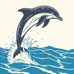 Dynamic vector illustration of a dolphin jumping through blue ocean waves, a perfect symbol of aquatic nature