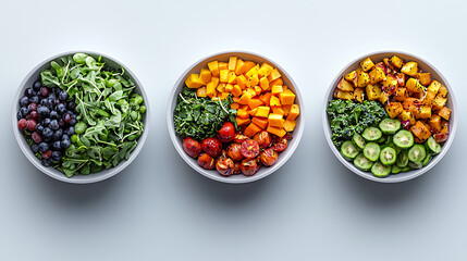 Three vibrant bowls, each containing a distinct medley of fresh, colorful ingredients, showcasing diverse textures and hues for healthy meal preparation