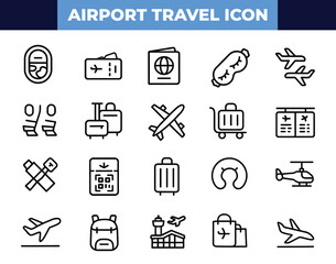 Airport Travel Icon Set – Vector Symbols of Flights, Luggage, Security, Boarding, Passport Control & More for Travel and Airline Design