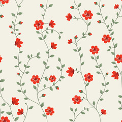 Seamless pattern with flowers. A branch with flowers and leaves. Surface design for gift paper, wallpaper, web page background, greeting cards, textile. Red flower