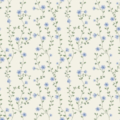 Seamless pattern with flowers. A branch with flowers and leaves. Surface design for gift paper, wallpaper, web page background, greeting cards, textile. Blue flower