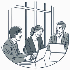 Successful businesspeople in suits collaborate and communicate as a diverse team during a corporate office meeting, smiling while working on laptops