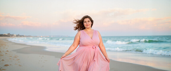 Stylish plus-size model enjoying beachside breeze at dusk, confidence