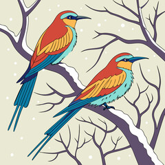 Vector illustration of a cute cartoon parrot on a tropical tree branch with colorful feathers