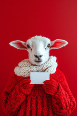A red sheep is holding a white blank card against red background made with generative AI