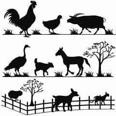 A vector silhouette collection of farm animals like cows, horses, pigs, and sheep, alongside wild animals such as deer, elephants, giraffes, lions, and tigers