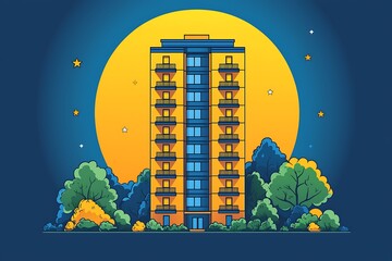 Academic school building with clock tower and green campus landscape vector graphic design high resolution image