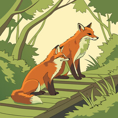 A cute cartoon red fox with a bushy tail in a wild forest or grassy nature setting