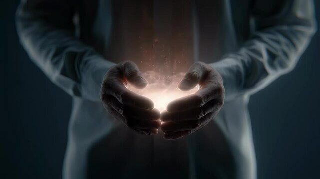 Medical professional gently cradles a radiant, glowing energy source within cupped hands, suggesting healing, innovation, or a breakthrough in medical science