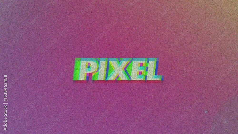 Poster initiating pixel text glitching through color shifts and settling on magenta-orange gradient