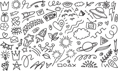 Trendy hand-drawn doodle vector icon set with space, hearts, shapes, leaves, stars, arrows, crowns, and abstract symbols. Perfect for stickers, journals, kids' art, or modern graphic design.