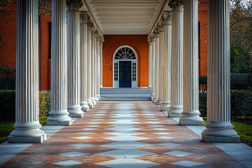 Classical university campus building featuring fluted pillars and pedimented doorway surrounded by fall leaves high resolution image