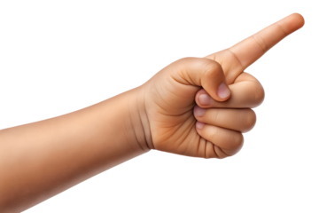 Young woman hand pointing to side isolated on white or transparent background