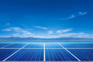 Solar panels capture sunlight in bright blue setting over clear water. Distant mountains provide a serene backdrop, signifying renewable energy and sustainability