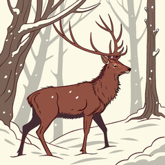Whimsical cartoon deer with antlers in a winter forest, perfect for Christmas wildlife illustrations