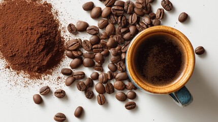 Flat Lay of Coffee to Go Cup with Beans and Powder on White Background

