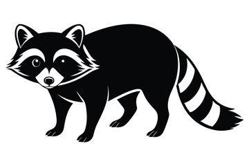 Striking black and white raccoon boldly stands, showcasing its iconic striped tail on display