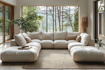 Cozy living room interior with neutral fabric sofa and panoramic forest view through large windows high resolution image