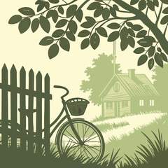 Bicycle silhouette near tree in garden with vintage design and cycling elements
