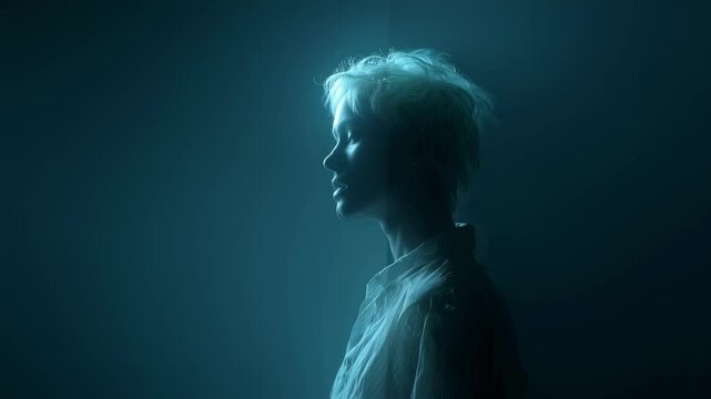 Medical visualization showing a woman with bipolar disorder, her mood shifting between mania, represented by warm orange light, and depression, represented by cool blue light