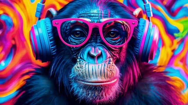 surreal portrait of partyready monkey wearing neon headphones vibrant abstract background with swirling colors psychedelic patterns and dynamic composition.