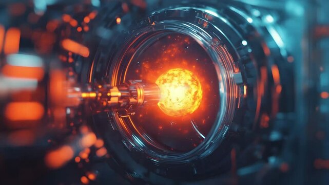 Fusion reactor core glowing with intense energy and bright orange plasma sparks inside futuristic technology emitting radiant light