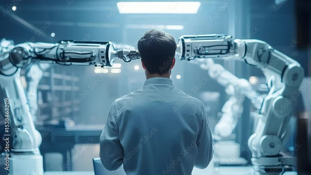 Poster man white coat robotic arm laboratory technology innovation futuristic engineer working advanced tec