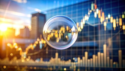 Stock market bubble floating with candlestick chart and skyline evokes economic volatility, financial speculation, or cryptocurrency market trends