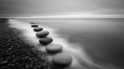 Black and white stones forming a path along a shoreline