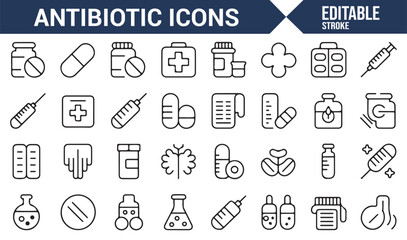 Set of clean and minimalist antibiotic and medicine icons for healthcare design.