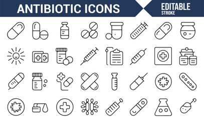 Collection of health-related icons focused on antibiotics, pills, and syringes.

