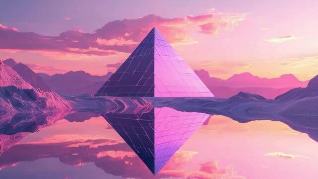 Surreal Landscape with Pink and Purple Mountains, Reflective Lake, and Geometric Pyramid Shape at Sunset