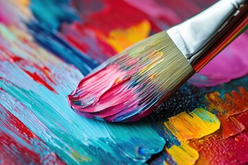 Fototapeta premium Vibrant paintbrush creating colorful artwork on a canvas with bold strokes of pink, blue, and yellow during an artistic session in a bright studio space