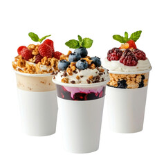 Delicious frozen desserts in cups topped with fresh berries, granola, and mint leaves perfect for summer treats transparent background