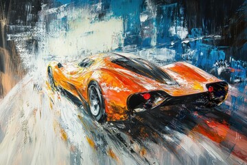 Dynamic abstract representation of a sports car in motion showcasing vibrant colors and striking design elements