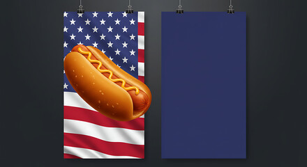 A delicious hot dog topped with ketchup and mustard sits on a rustic wooden table, with a blurred American flag in the background.