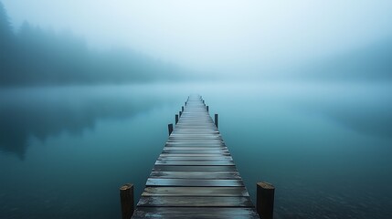 Foggy Wooden Pier Extending into Misty Lake – Ideal for Calm and Reflective Scenes
