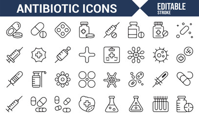 Set of thin line antibiotic and medical icons for use in healthcare-related designs.