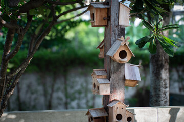 Wooden Birdhouses on Tree Trunk in Garden