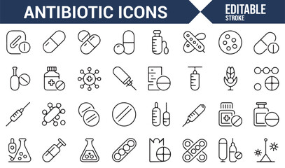 Pharmaceutical icons depicting antibiotics, bacteria, syringes, and medical treatments.