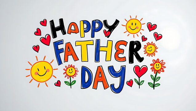 Handwritten Happy Father&rsquo;s Day lettering with childlike drawings of sun, hearts, and flowers on white background, vector illustration for greeting card design